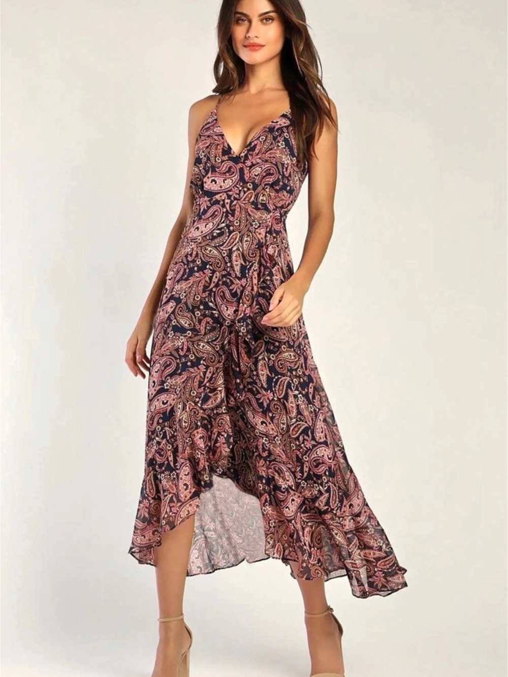 Lulus Teomara Navy Paisley Print Lurex Tie-Strap Maxi Dress